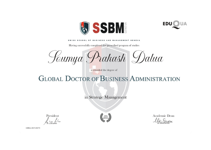 Soumya has been awarded Global Doctor Of Business Administration (Ph.D.) – 2025